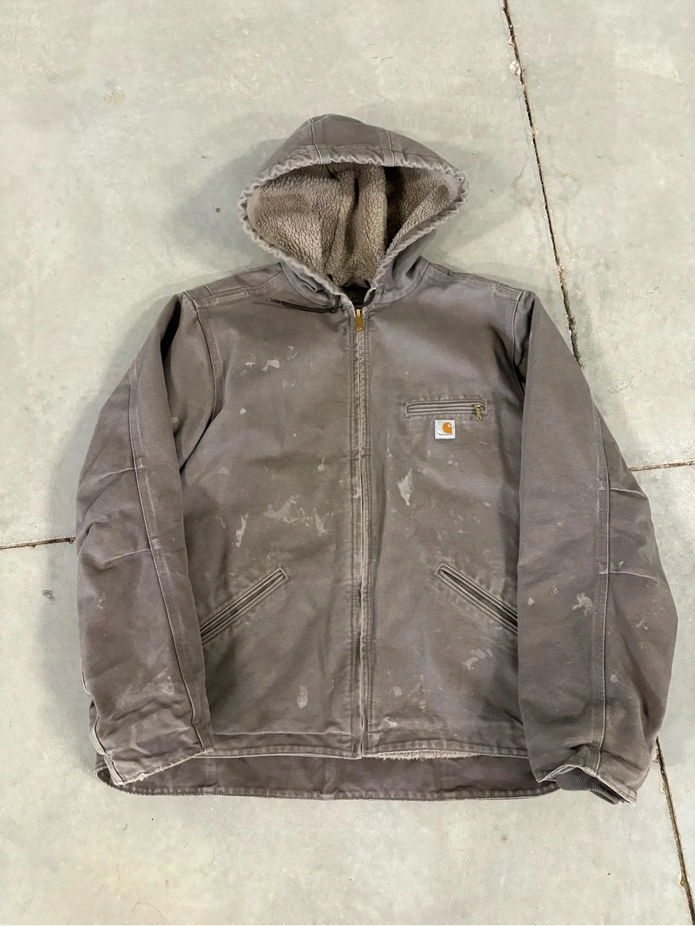 Carhartt Gray Brown Hooded Sherpa-Lined Canvas Jacket Mens M/ Women’s XL